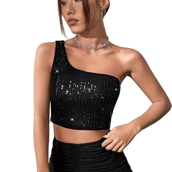 Women's One Shoulder Sleeveless Sequin Glitter Party Cropped Tank Crop Tops - Picture 5 of 6